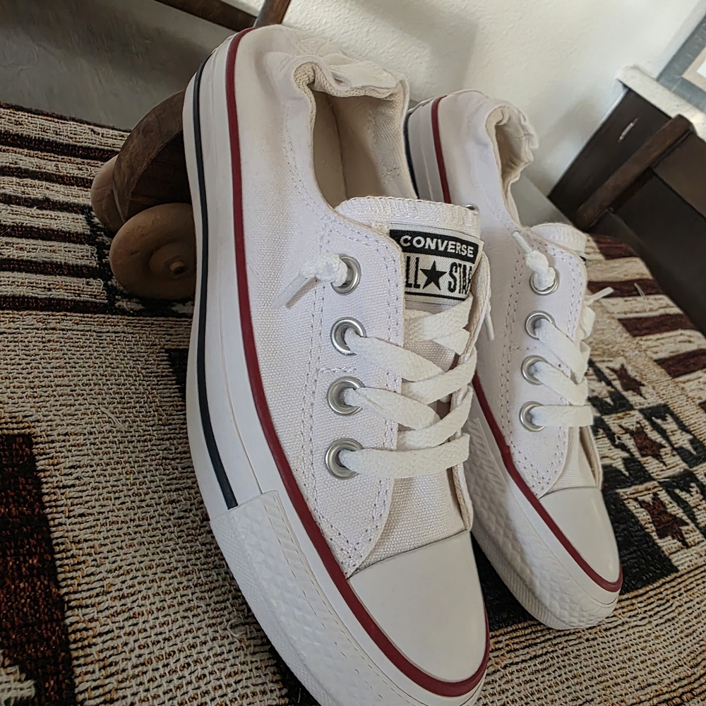 Converse White Canvas Sneakers with Red Stripe